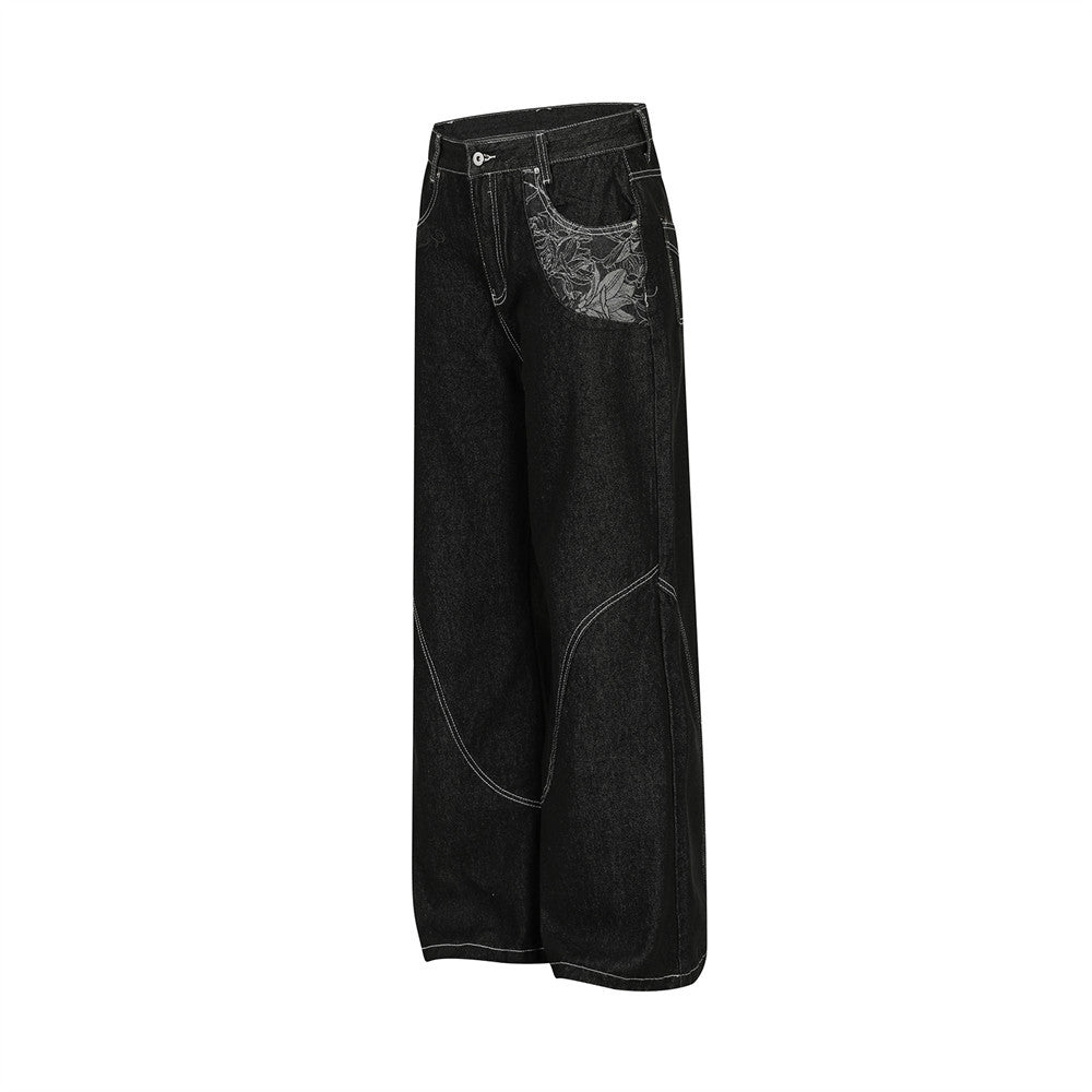 Dark Wide-Leg Floral Jeans |Low MOQ