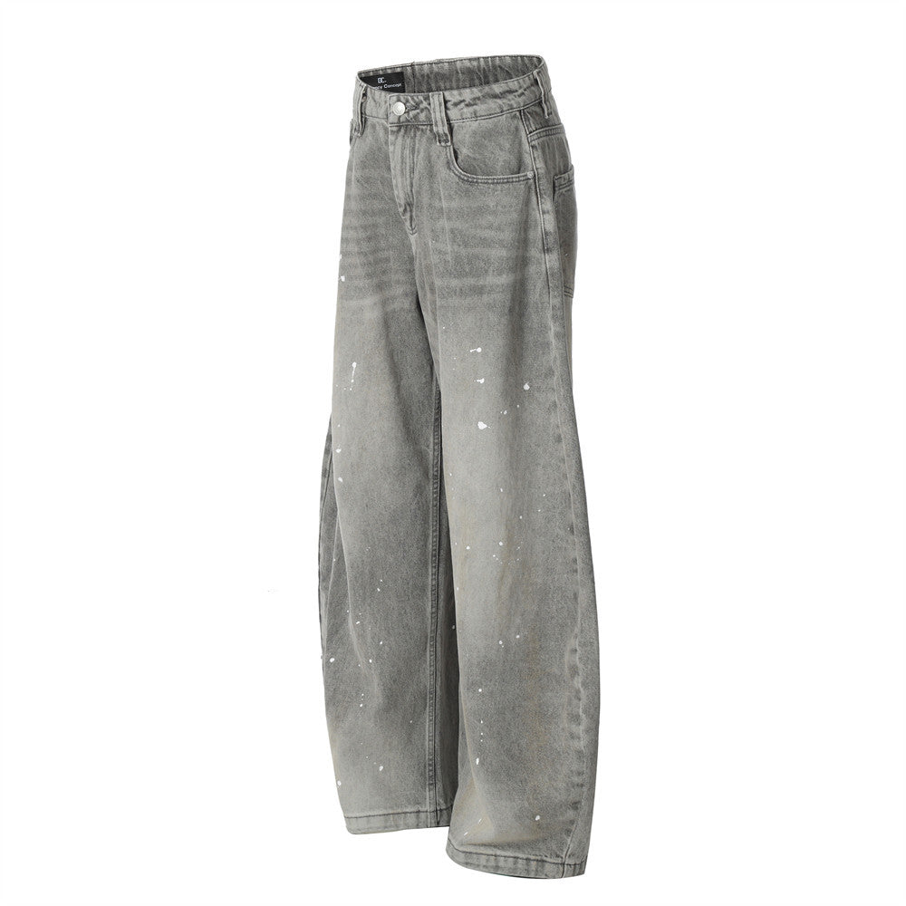Grey Mud Wash Balloon Jeans with Splattered Paint Detail |Low MOQ