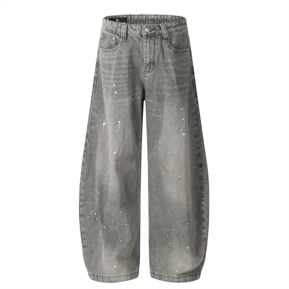 Grey Mud Wash Balloon Jeans with Splattered Paint Detail |Low MOQ