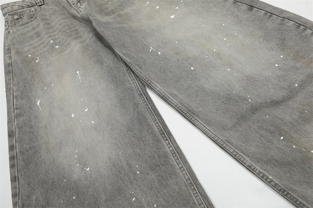 Grey Mud Wash Balloon Jeans with Splattered Paint Detail |Low MOQ