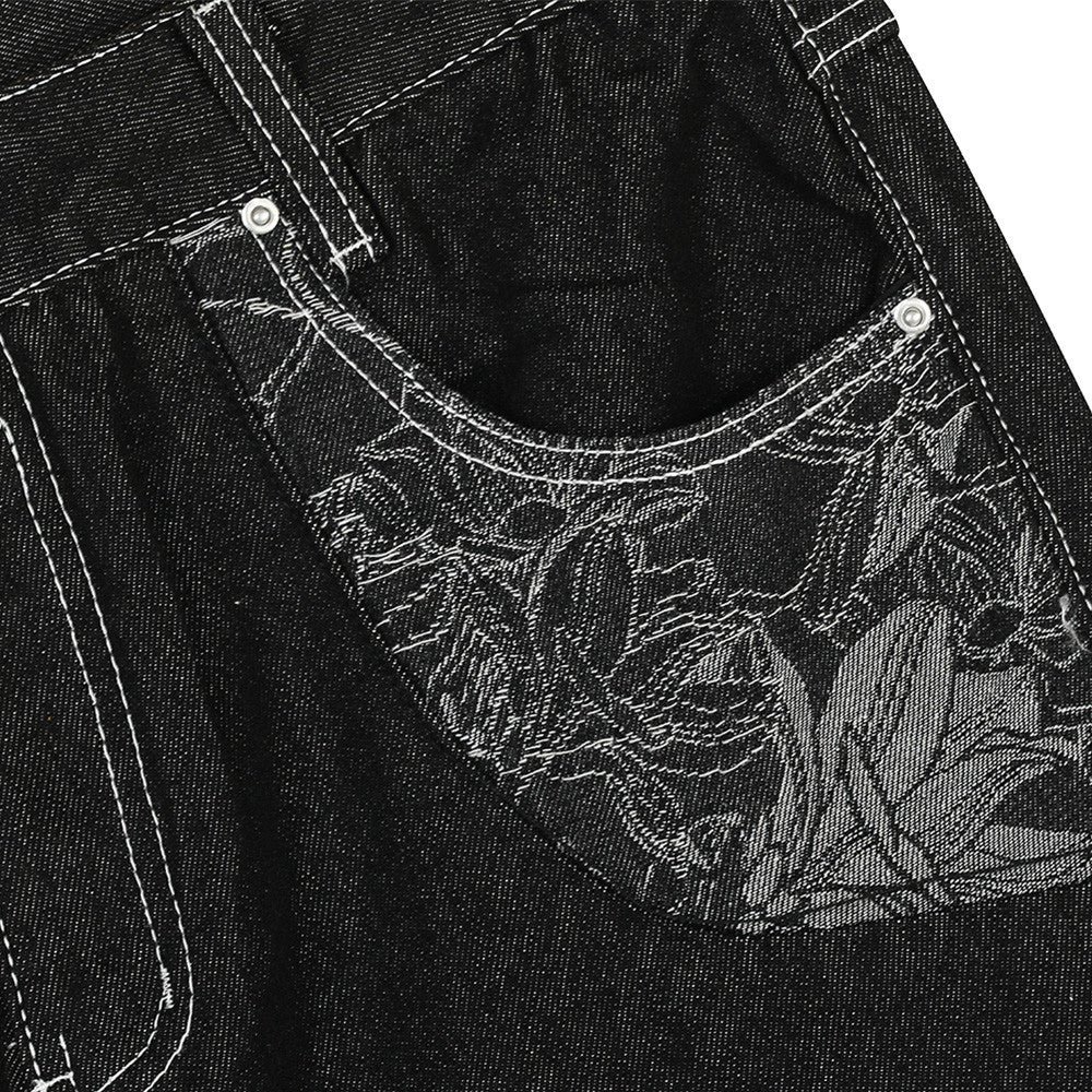 Dark Wide-Leg Floral Jeans |Low MOQ