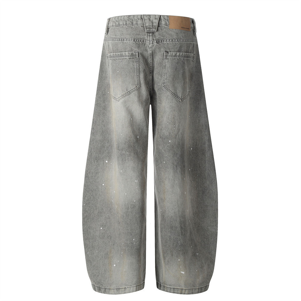 Grey Mud Wash Balloon Jeans with Splattered Paint Detail |Low MOQ