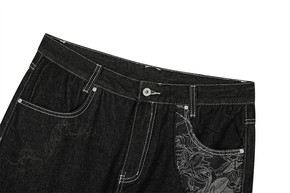 Dark Wide-Leg Floral Jeans |Low MOQ